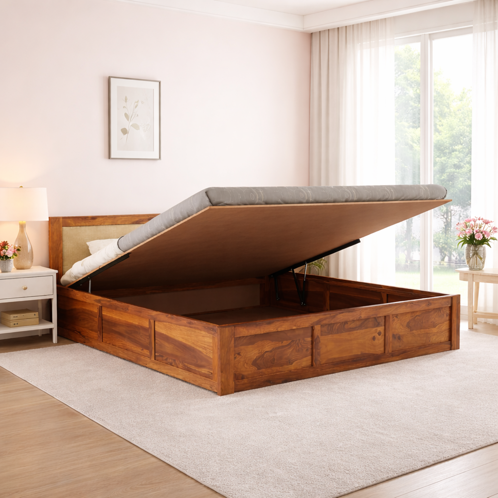 Sheesham Wood King Size Bed with Hydraulic Storage for Bedroom Living Room Home Hotel Furniture Wooden Double Bed Cot Palang for Guest Room