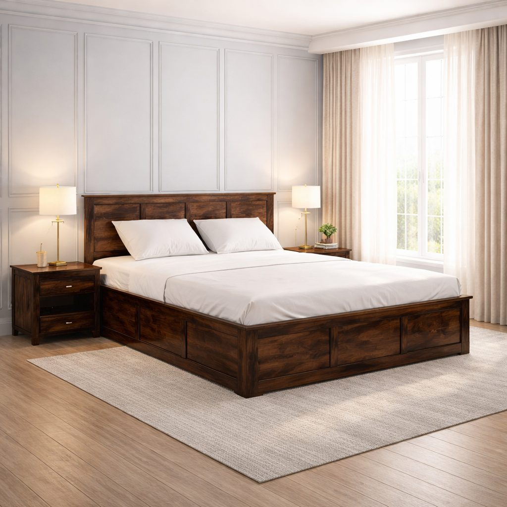 Sheesham Wood King Size Bed with Open Dual Storage for Bedroom Home Wooden Double Bed Cot Palang Furnitutre for Living Room and Hotels