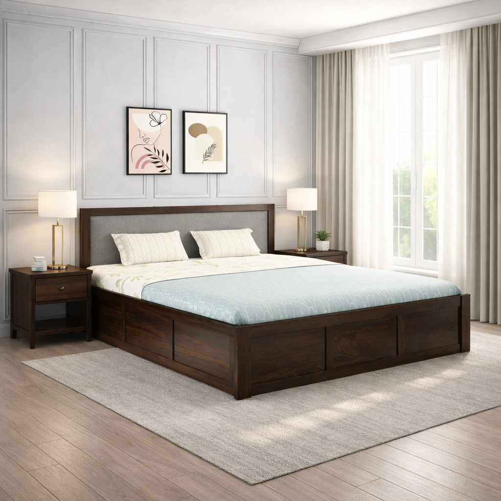 Sheesham Wood King Size Bed with Storage for Bedroom Living Room Home Hotel Bed with Cushion Headboard Pannel Wooden Double Bed Cot Palang Furniture -1 Year Warranty