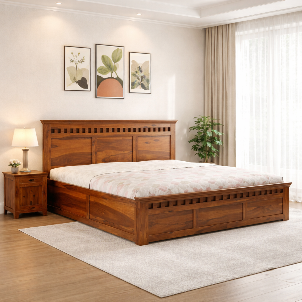 Sheesham Wood King Size Kuber Bed with Box Storage for Bedroom Living Room Home Hotel Wooden Double Bed Cot Palang Furniture