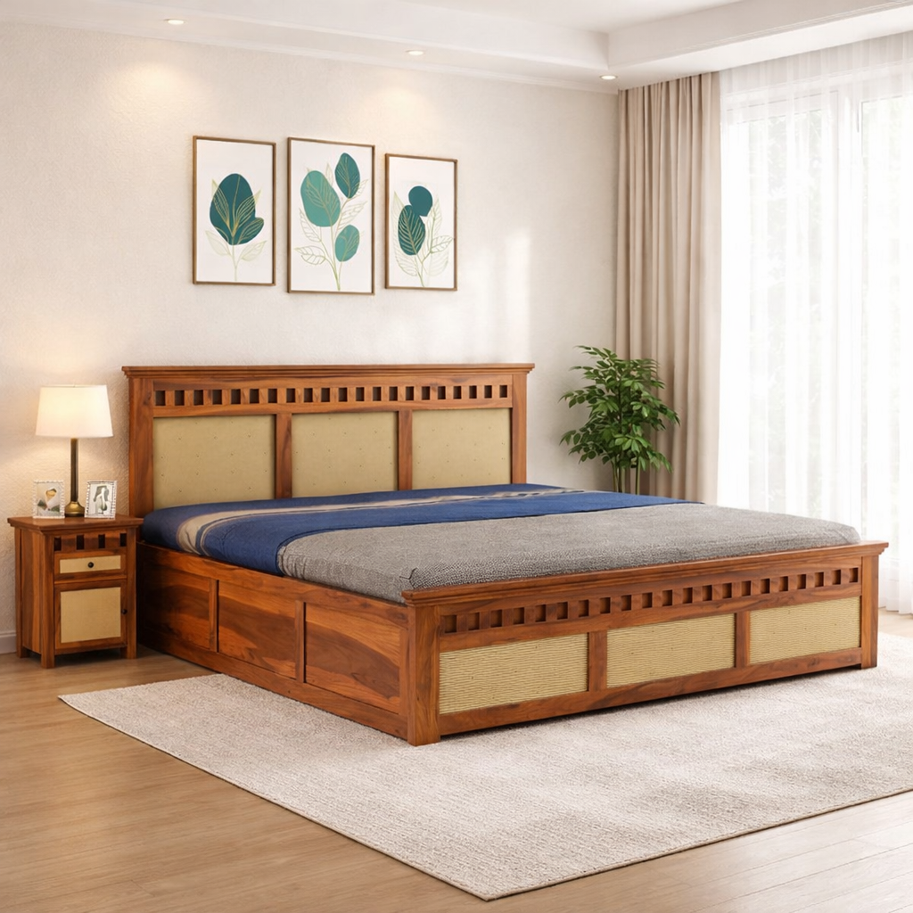 Sheesham Wood King Size Kuber Bed with Storage for Bedroom Living Room Home Hotel Wooden Double Bed Cot Palang with Box Storage Furniture