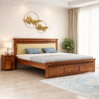 Sheesham Wood Kuber King Size Bed Without Storage Wooden Headboard Cushion Cot Double Bed Furniture for Bedroom Living Room Home