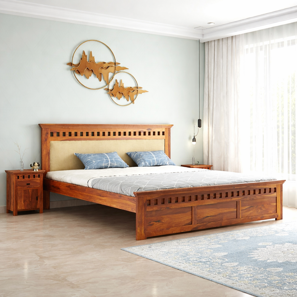 Sheesham Wood Kuber Queen Size Bed Without Storage Wooden Headboard Cushion Cot Double Bed Furniture for Bedroom Living Room Home
