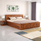 Sheesham Wood Queen Size Bed with Box Storage and Headboard | Durable Wooden Double Bed Cot Palang Furniture for Bedroom, Living Room, Guest Room, Hotel and Home