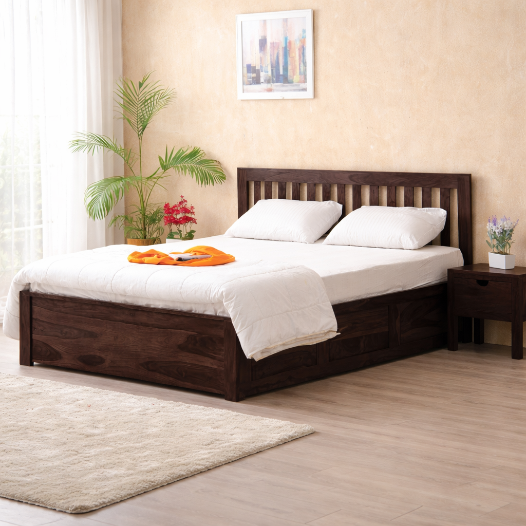 Sheesham Wood Queen Size Bed with Box Storage for Bedroom Living Room Home Wooden Double Bed Cot Palang Furniture