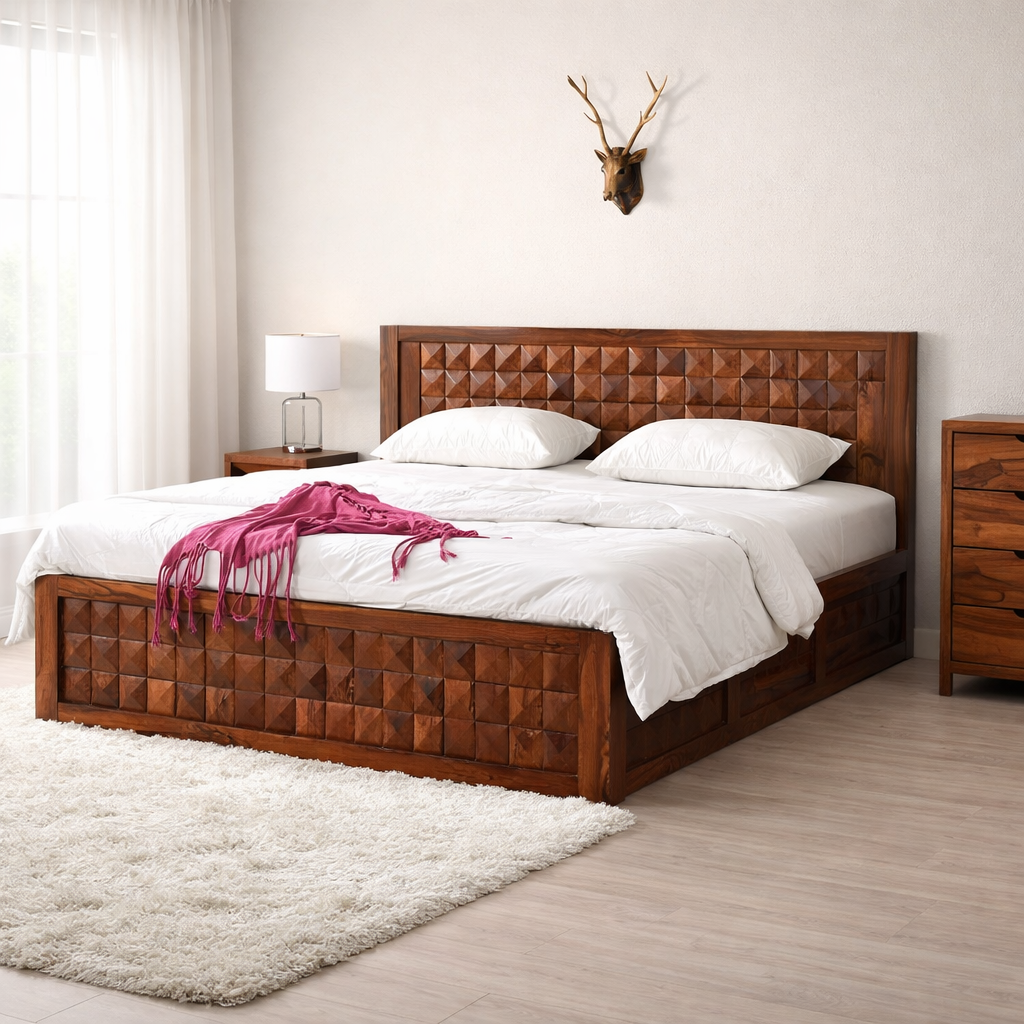 Sheesham Wood Queen Size Bed with Front Opening Box Storage for Bedroom Living Room Home Hotel Wooden Double Bed Cot Palang Furniture