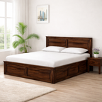 Sheesham Wood Queen Size Bed with Front Trolley and Back Box Storage for Bedroom Home Wooden Double Bed Cot Palang for Living Room and Hotels
