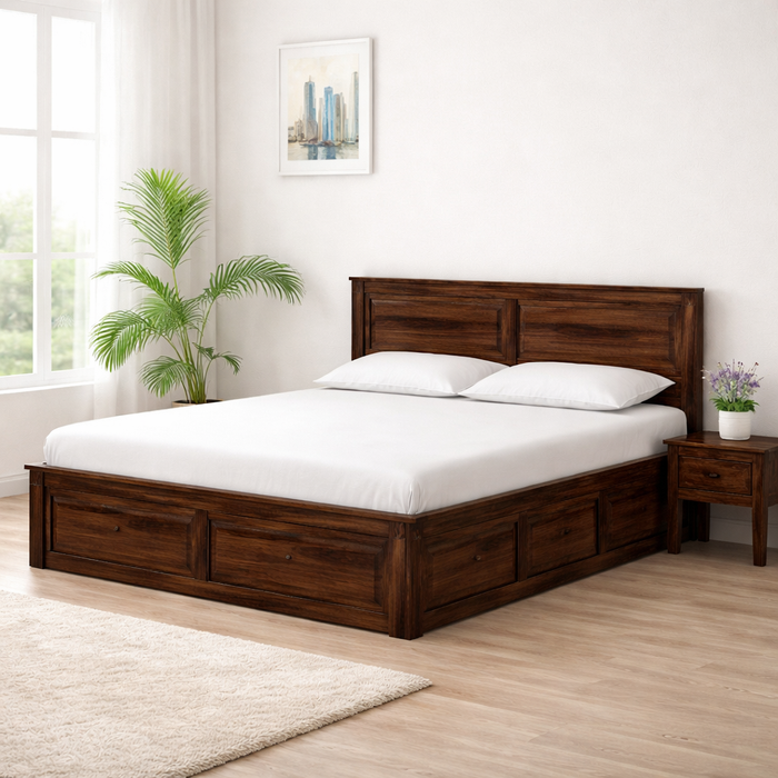 Sheesham Wood Queen Size Bed with Front Trolley and Back Box Storage for Bedroom Home Wooden Double Bed Cot Palang for Living Room and Hotels