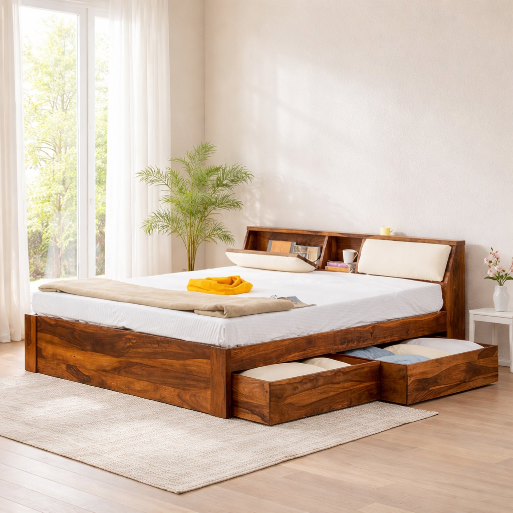 Sheesham Wood Queen Size Bed with Headboard and 4 Drawer Storage Wooden Double Bed Cot Palang Furniture for Bedroom Living Room Home