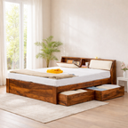 Sheesham Wood Queen Size Bed with Headboard and 4 Drawer Storage Wooden Double Bed Cot Palang Furniture for Bedroom Living Room Home