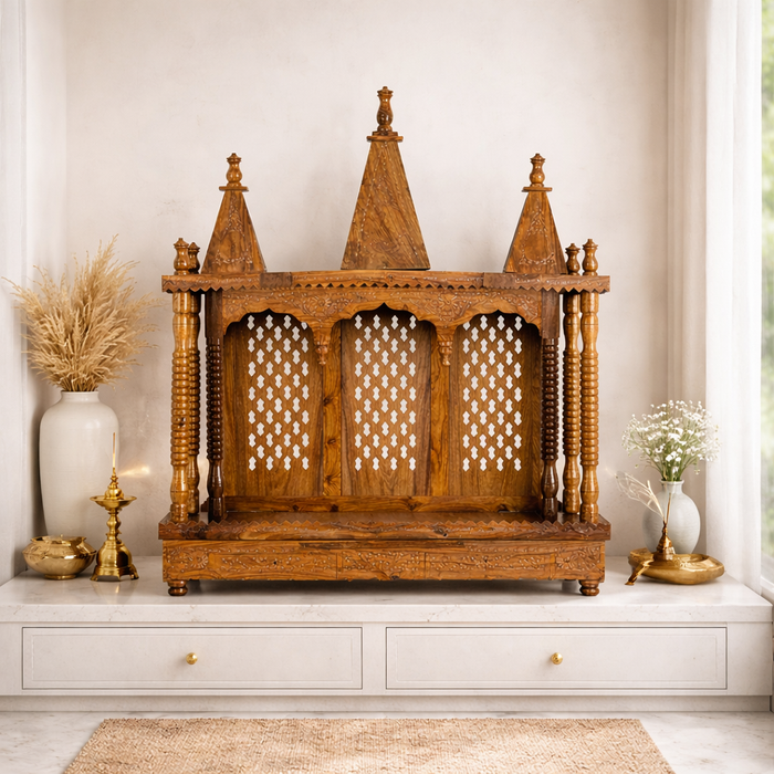 Sheesham Wood Wall Mount Temple Wooden Handcrafted Mandir Devghar Mandapam for Home Office Shop