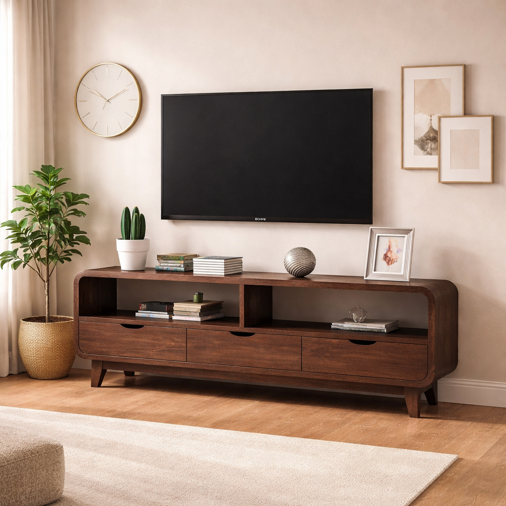 Sheesham Wood TV Cabinet with 3 Drawer Storage TV Stand Table Wooden Furniture Entertainment Unit for Living Room Home