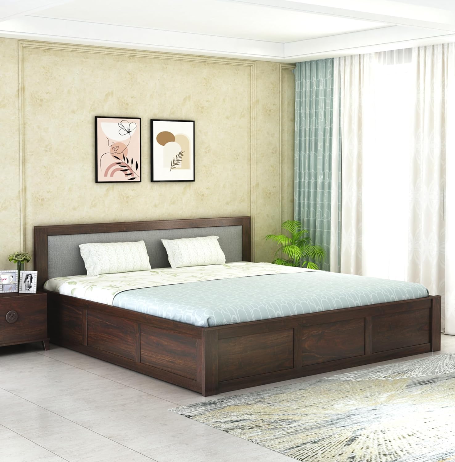 Sheesham Wood Bed King Size | Walnut Box-Grey Cushion