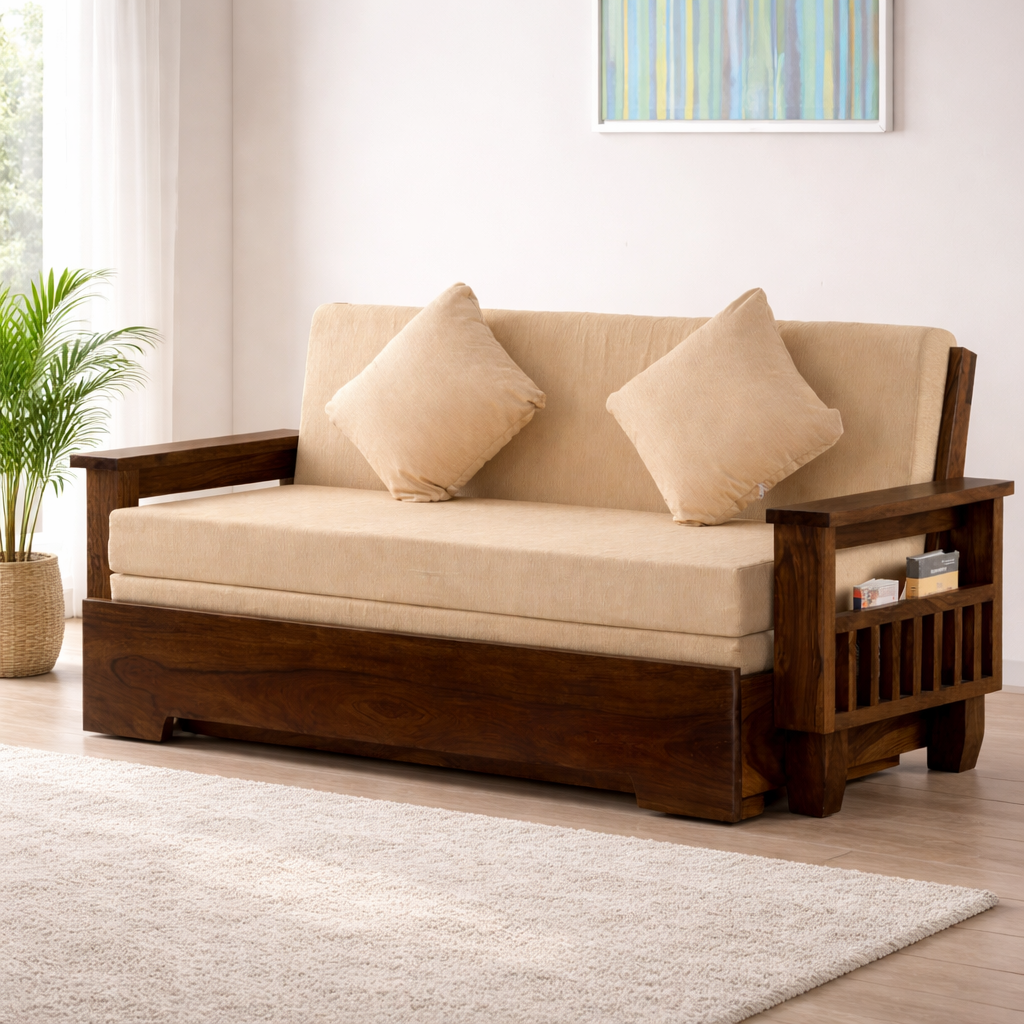 Solid Sheesham Wood Sofa Cum Bed Wooden 3 Seater SofaBed Furniture for Home Living Room