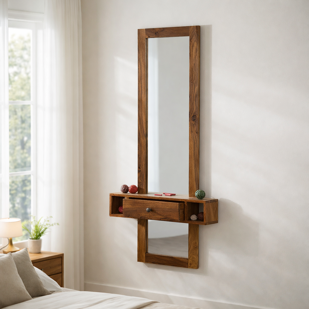 Solid Wood Wall Mounted Dressing Table with Mirror Wooden Makeup Vanity Table with 1 Drawer and 2 Shelf Storage for Bedroom Home