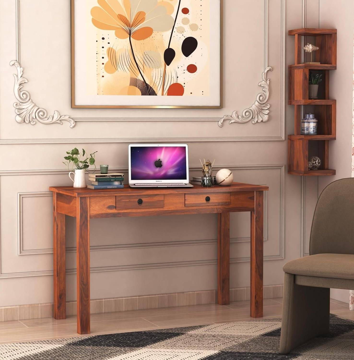 Sheesham Wood Study Table for Student | Solid Wooden Computer Table with 2 Slider Drawer for Home, Office and Study Room | Workstation Modern Desk