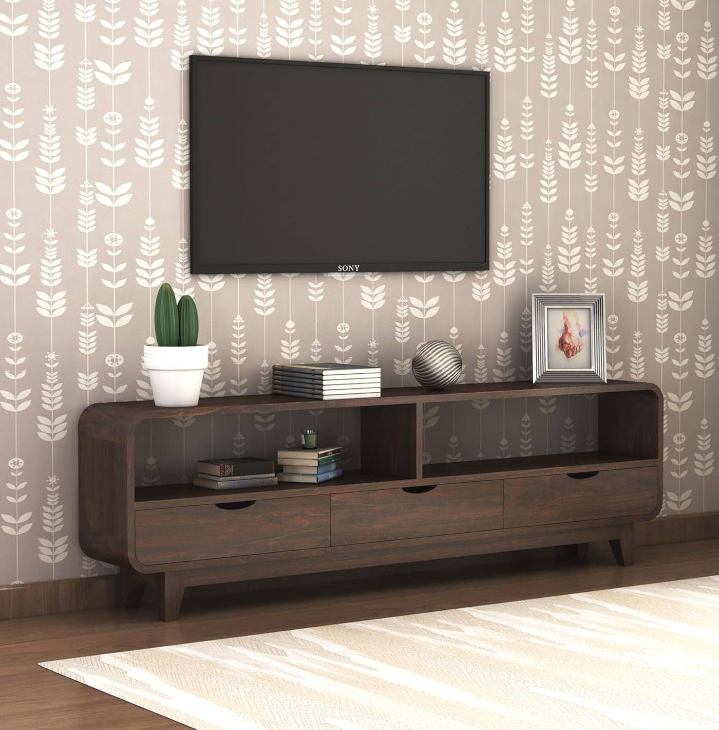 TV Cabinet With 3 Drawer Storage - Walnut Finish