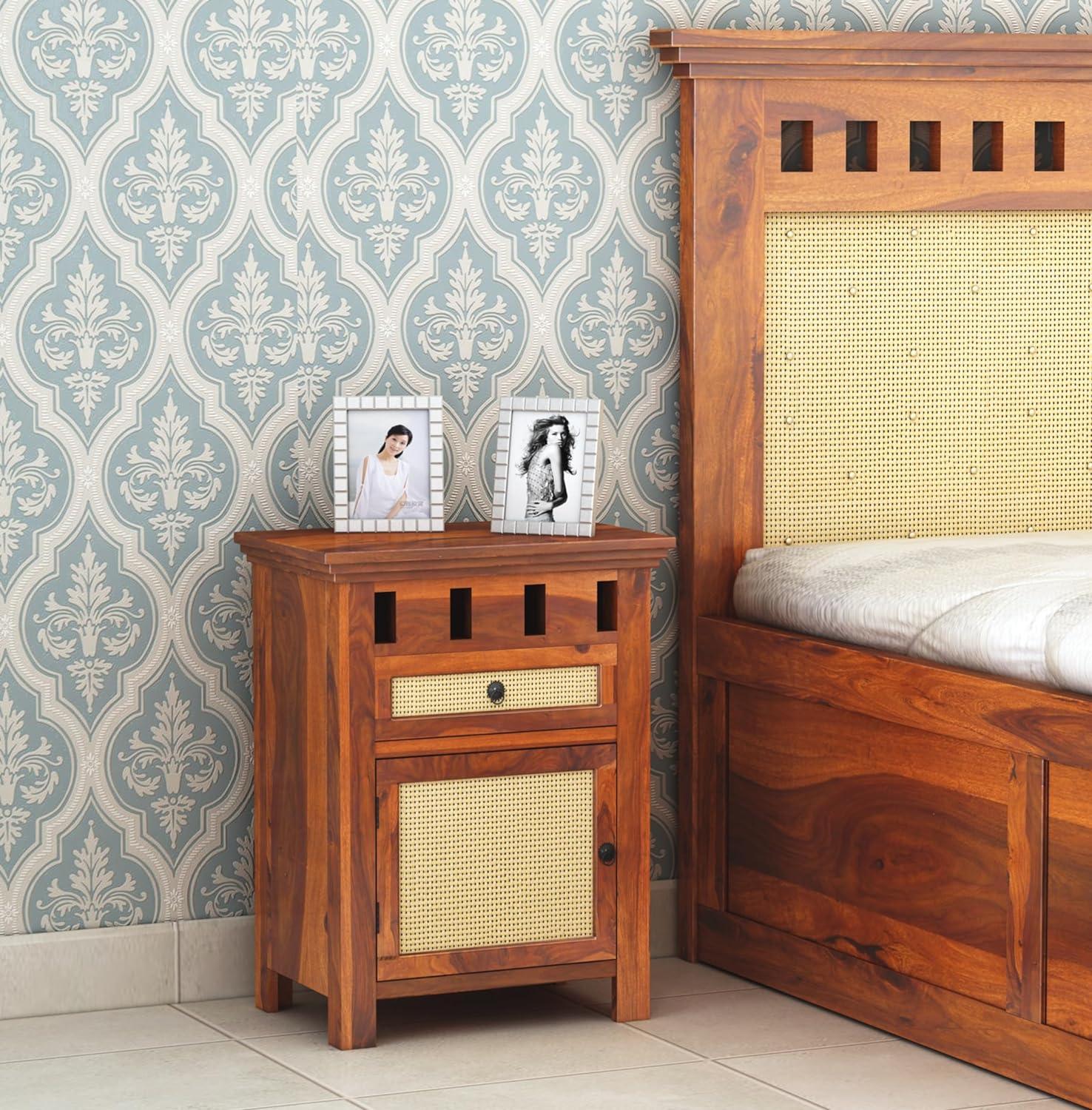 Wood Bedside End Table With 1 Drawer | Kuber Honey Finish - Cane