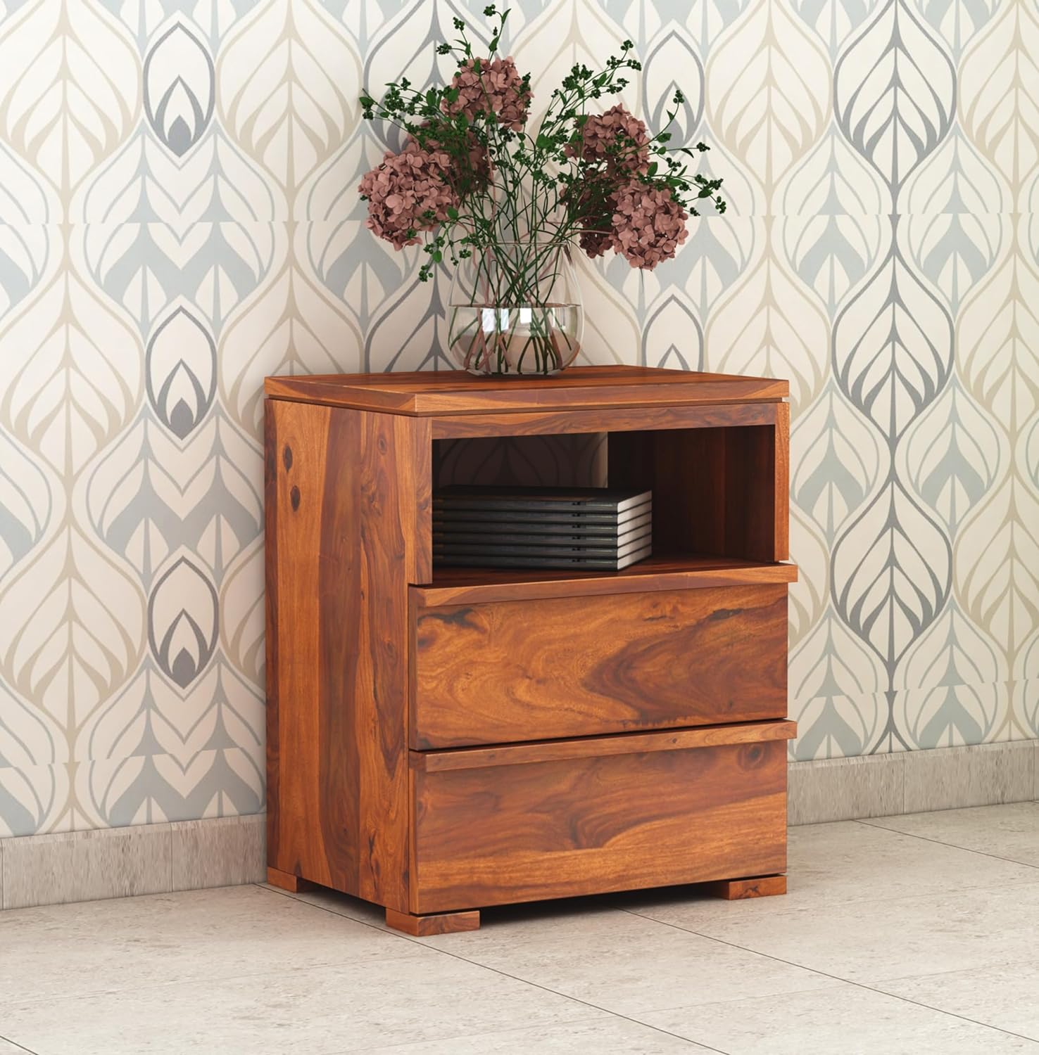 Wood Bedside End Table With 2 Drawers | Honey Finish