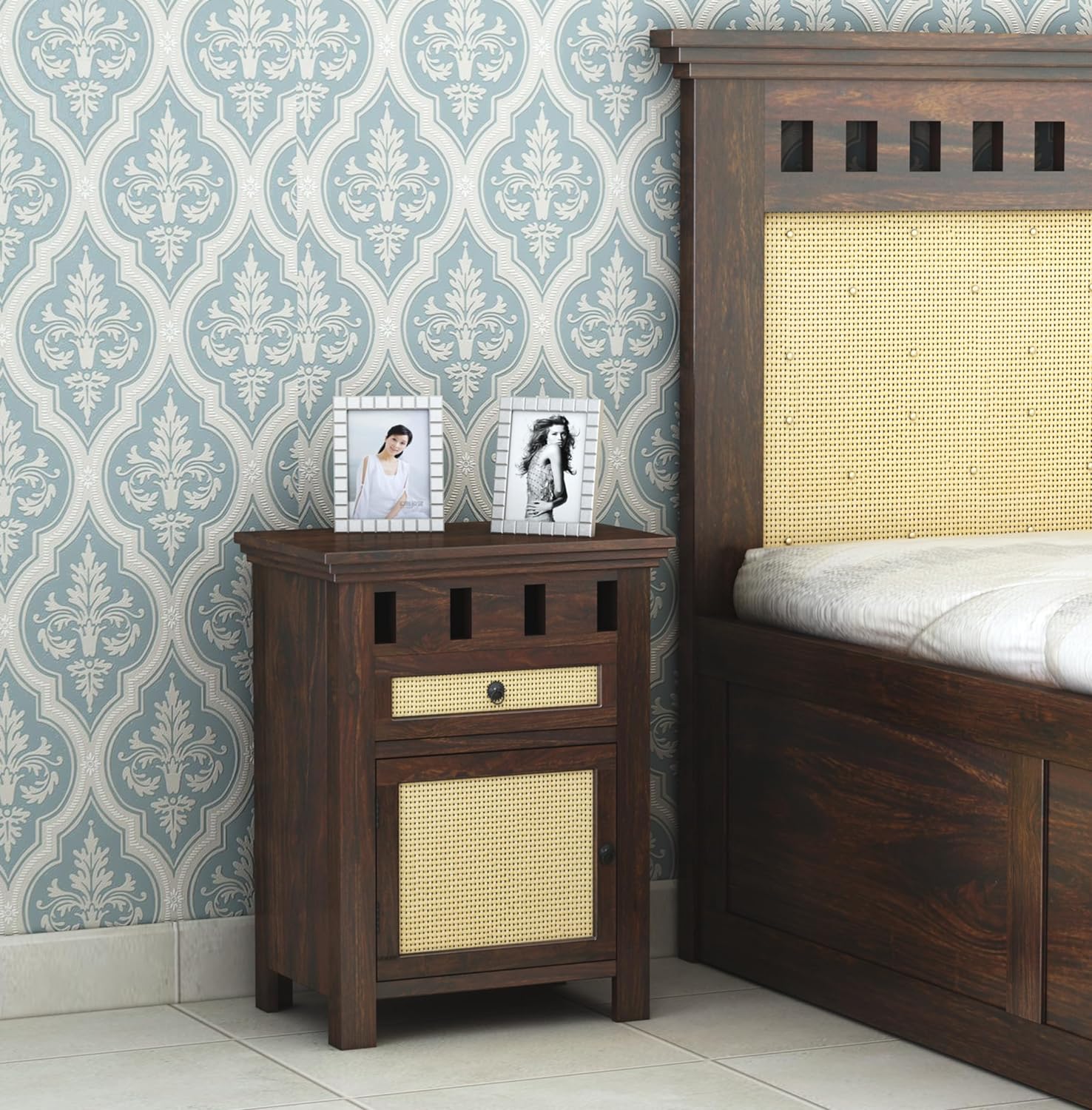 Wood Bedside End Table with 1 Drawer | Kuber Walnut Finish - Cane