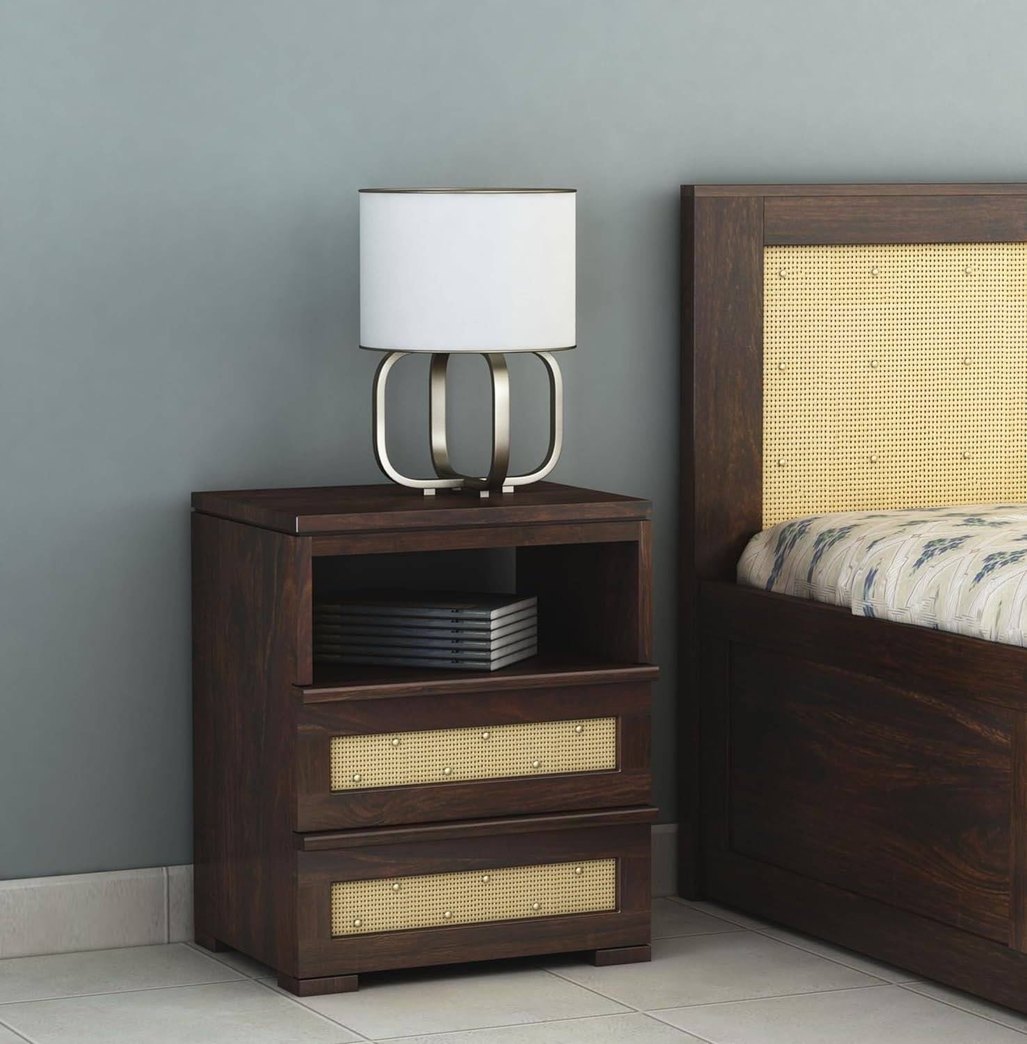 Wood Bedside Table with 2 Drawer & 1 Open Storage | Honey Finish Cane