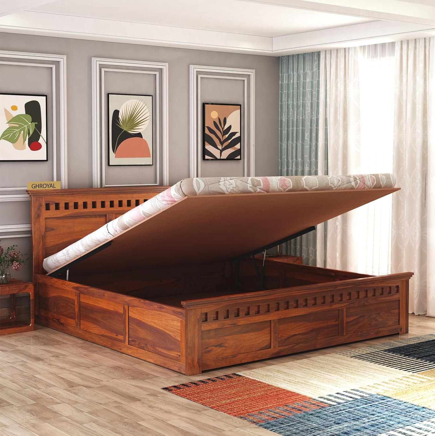 Wood Crafter Queen Size Bed with Hydraulic Storage - Honey Finish