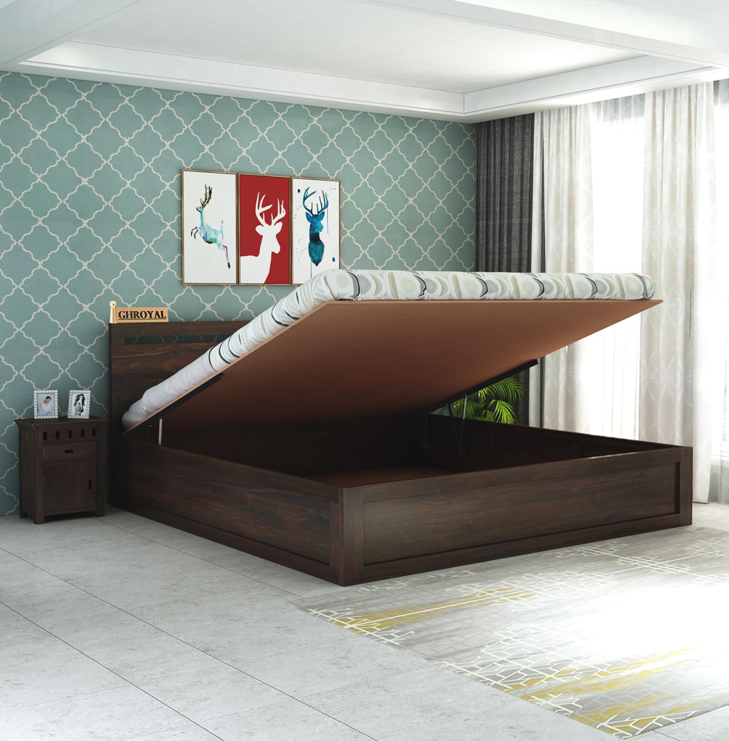 Wood Headboard Panel King Size Bed | Wanlnut Finish - Hydraulic Storage