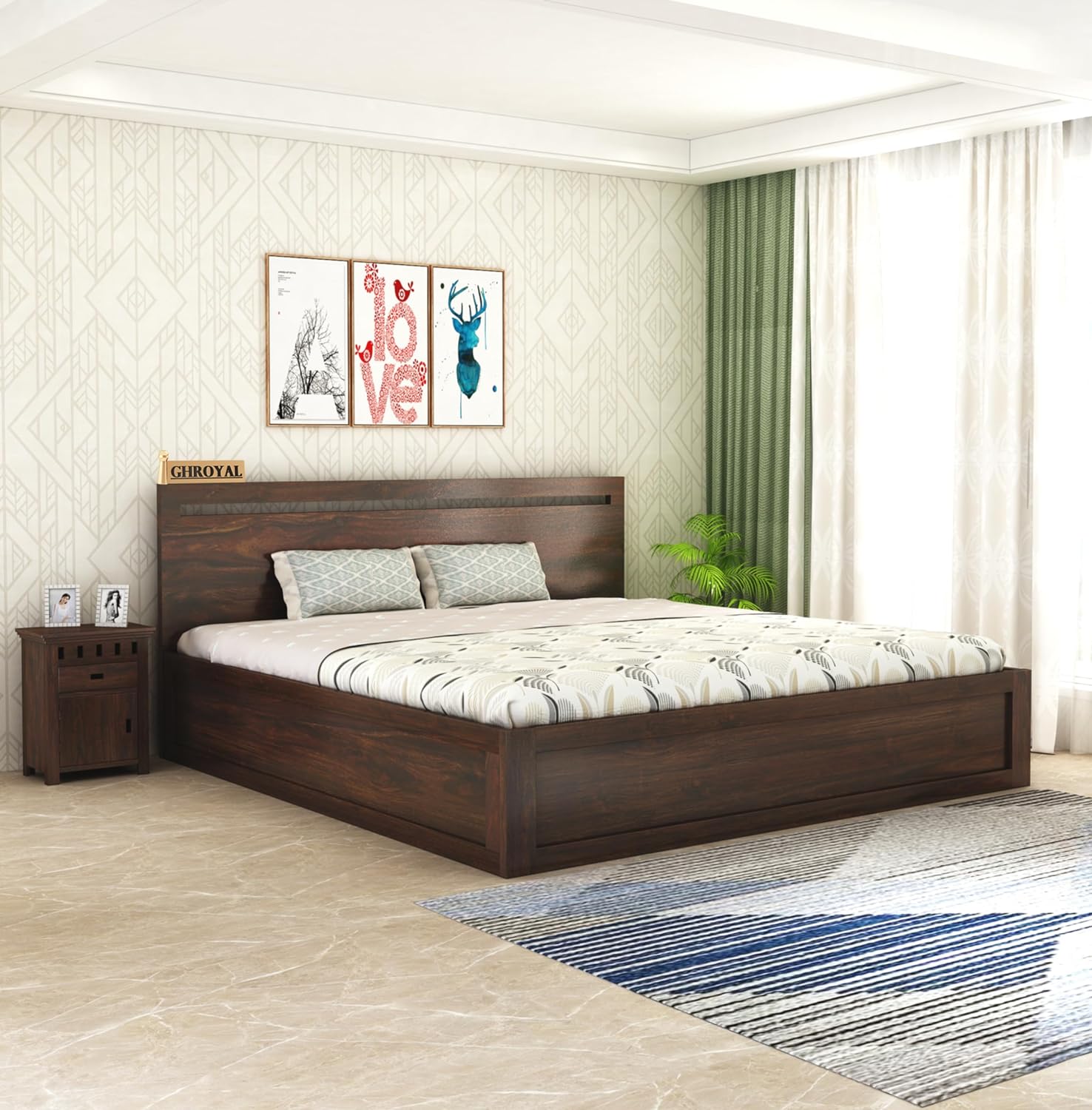Wood Headboard Panel King Size Bed | Walnut Finish