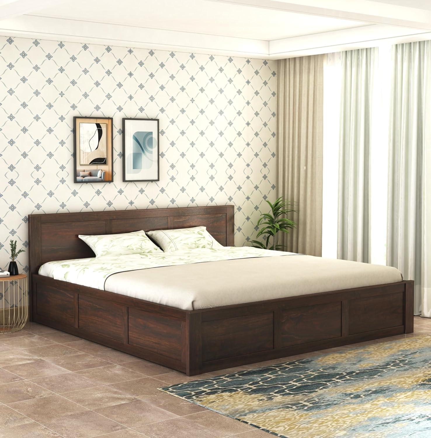 Wood King Size Bed With Storage | Walnut Finish - Box Storage