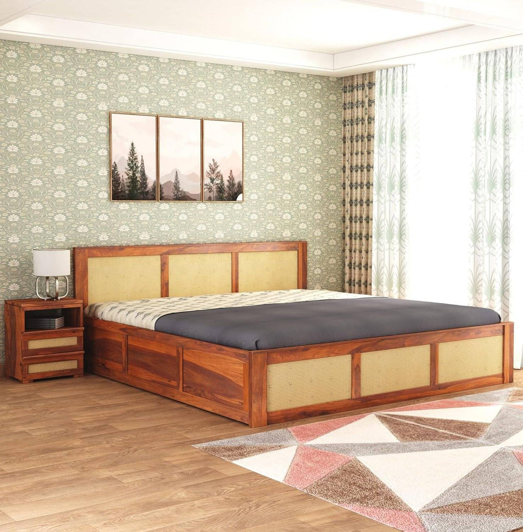 Wood Queen Size Cane Bed With Box Storage - Honey Finish