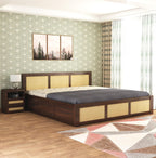 Wood Queen Size Cane Bed With Box Storage - Walnut Finish