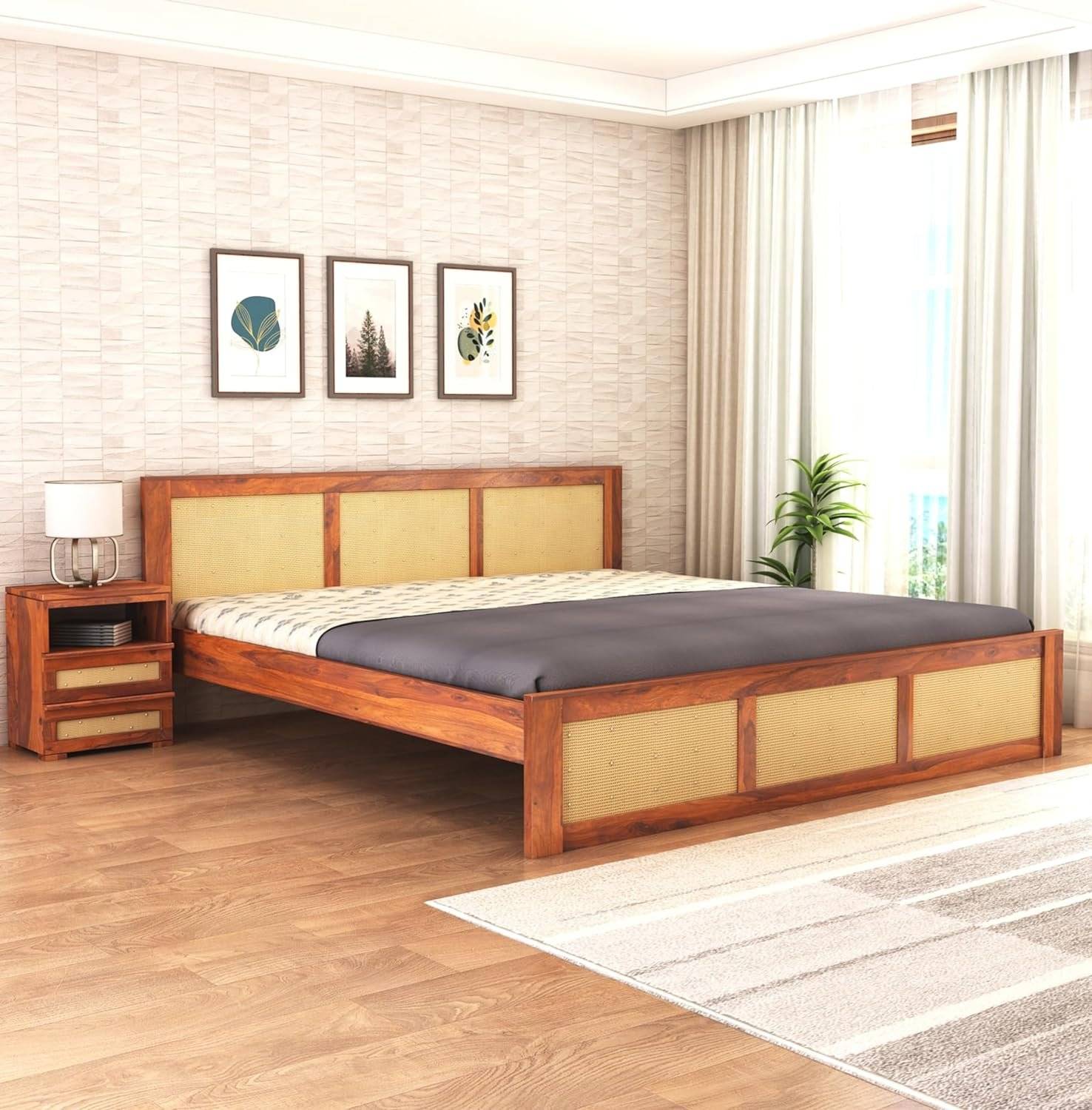 Wood Queen Size Cane Bed Without Storage - Honey Finish