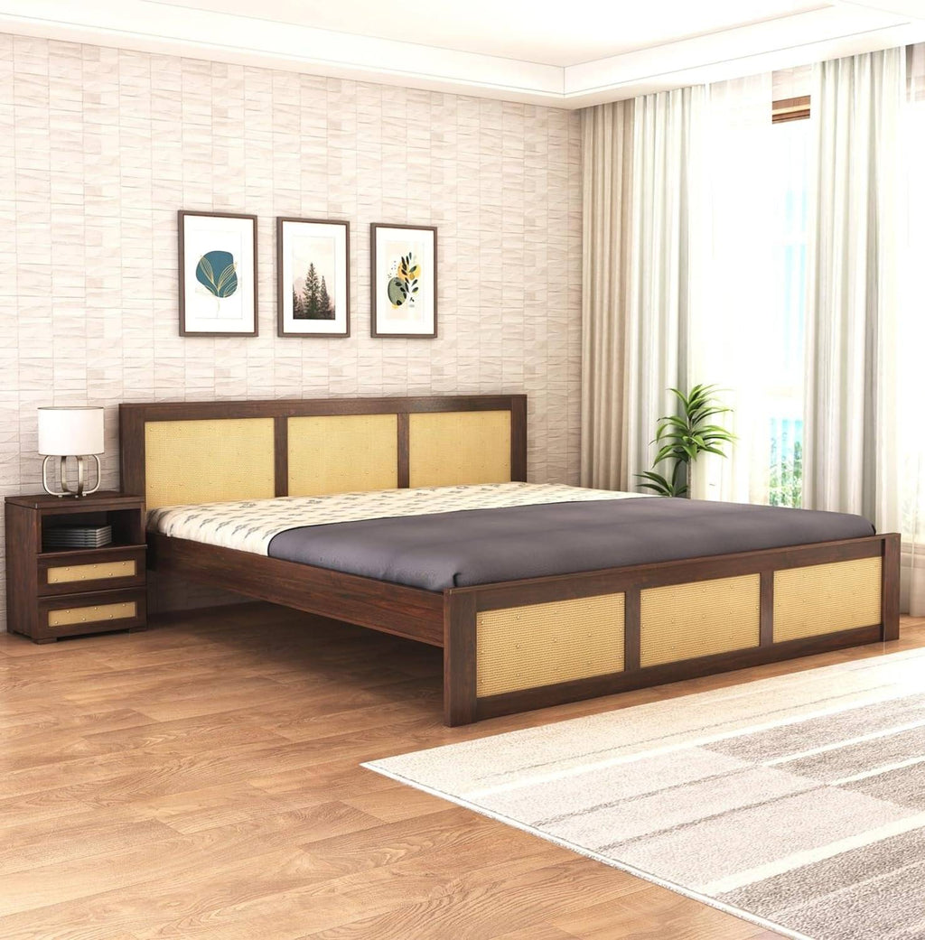 Wood King Size Cane Bed Without Storage - Walnut Finish