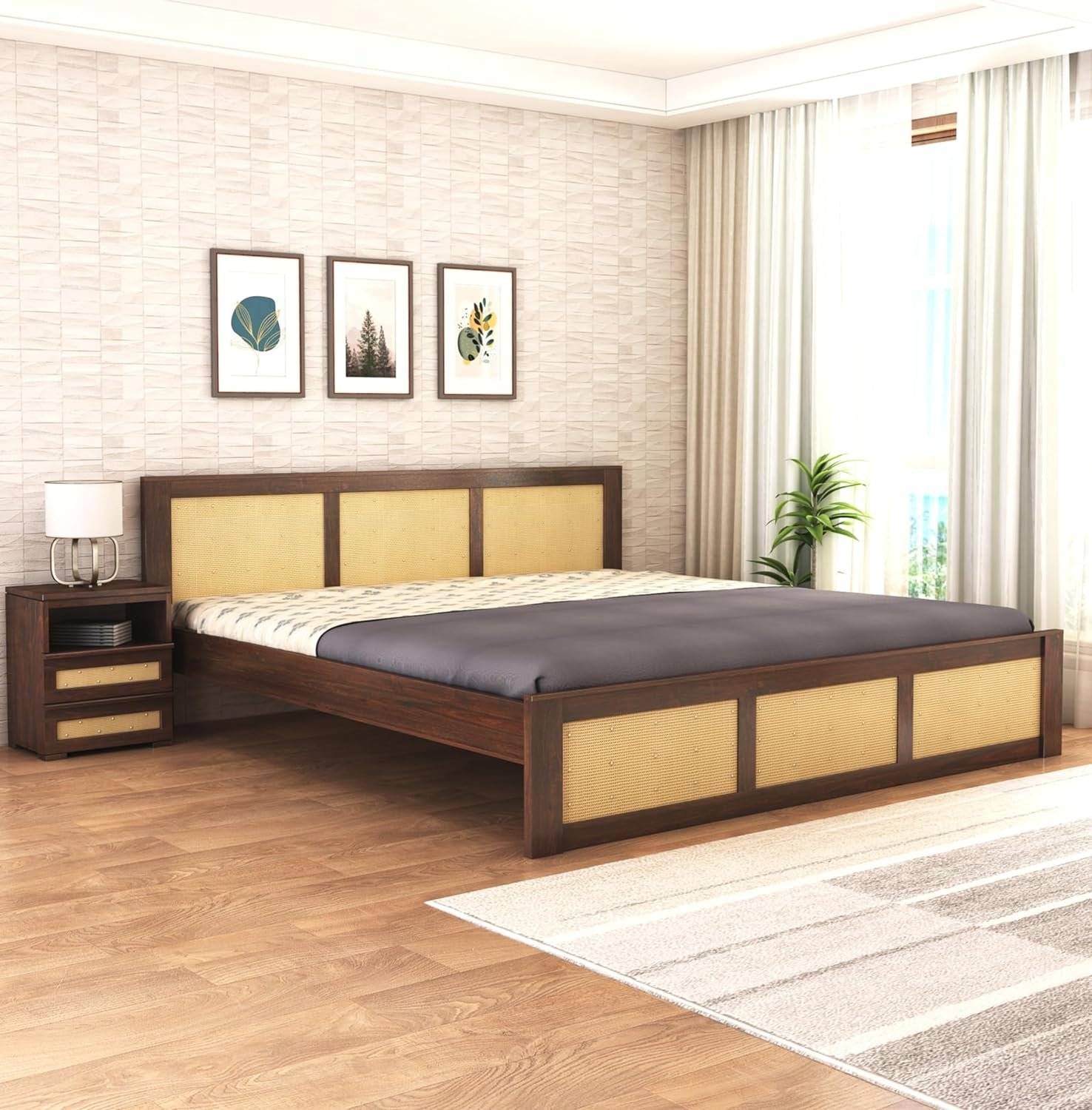 Wood King Size Cane Bed Without Storage - Walnut Finish