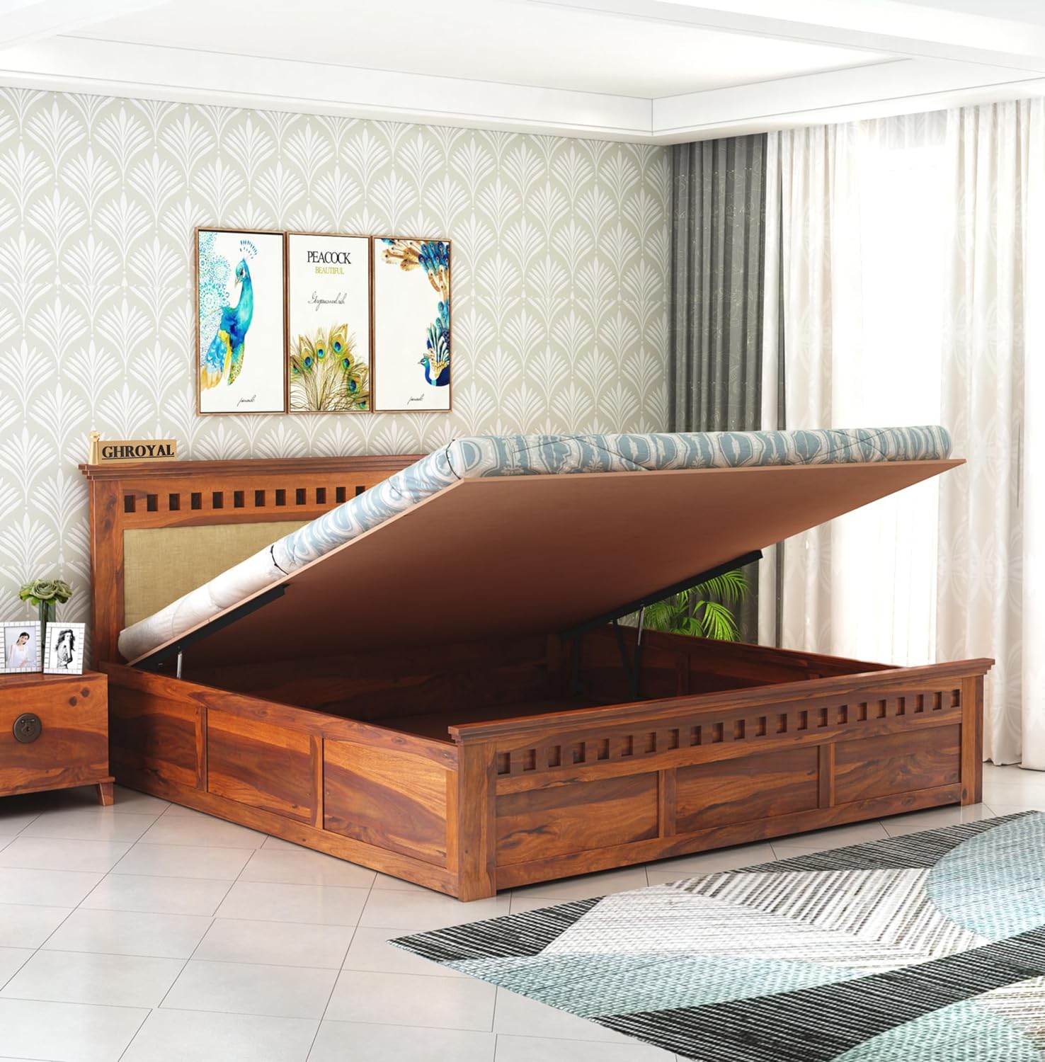 Wood King Size Hydraulic Storage Double Bed Cot Palang - Cream And Honey