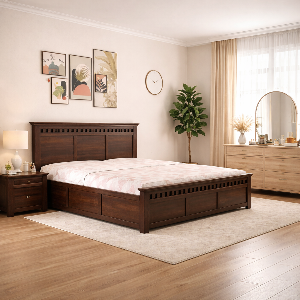 Wood Crafter King Size Bed With Box Storage - Walnut Finish