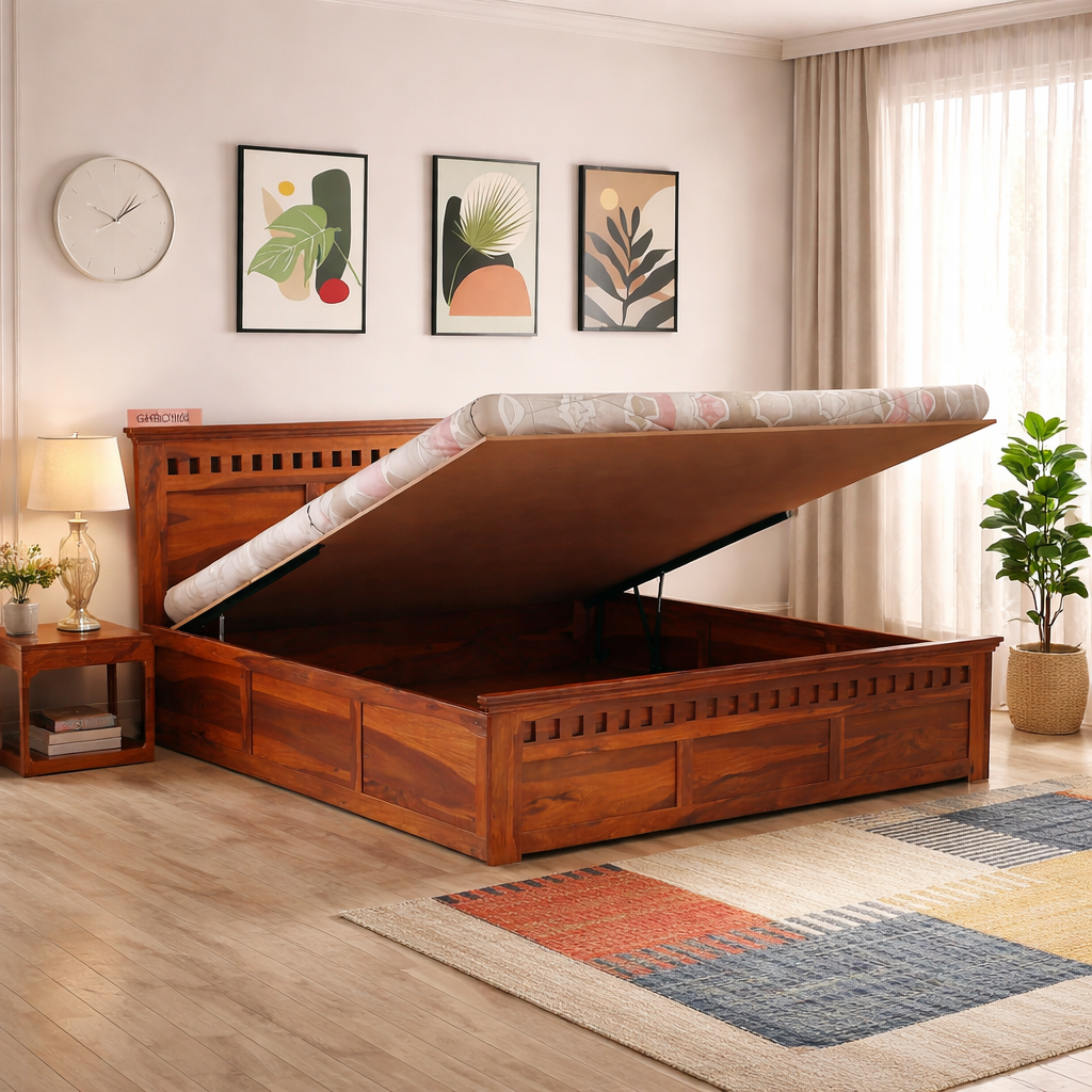 Wood Crafter King Size Bed with Hydraulic Storage - Honey Finish