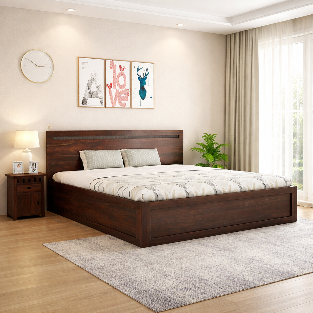 Wood Headboard Panel Queen Size Bed | Walnut Finish