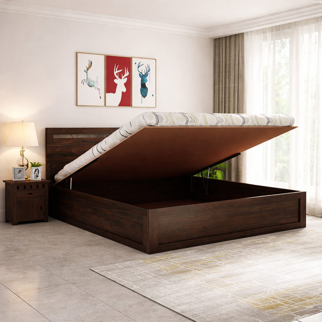 Wood Headboard Panel King Size Bed | Wanlnut Finish - Hydraulic Storage