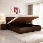 Wood Headboard Panel King Size Bed | Wanlnut Finish - Hydraulic Storage