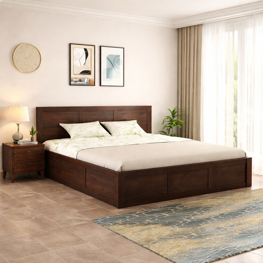 Wood King Size Bed With Storage | Walnut Finish - Box Storage