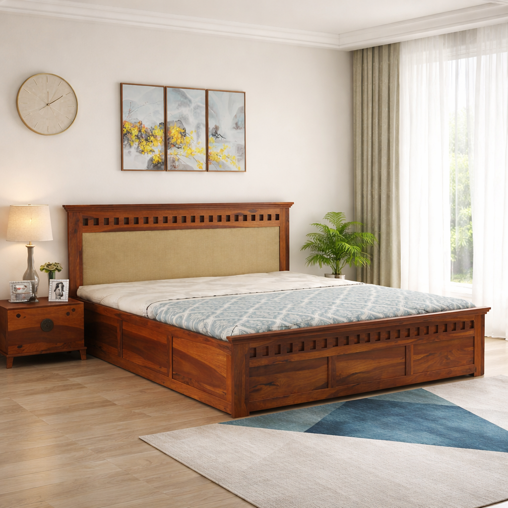 Wood King Size Box Storage Double Bed Cot Palang - Cream And Honey