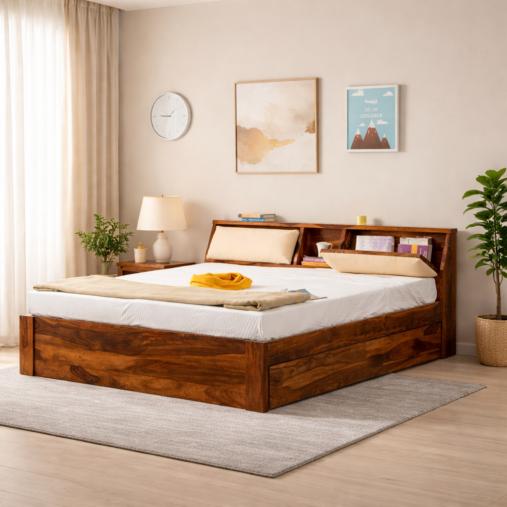 Wood King Size Double Bed With Drawer Storage | Honey Finish