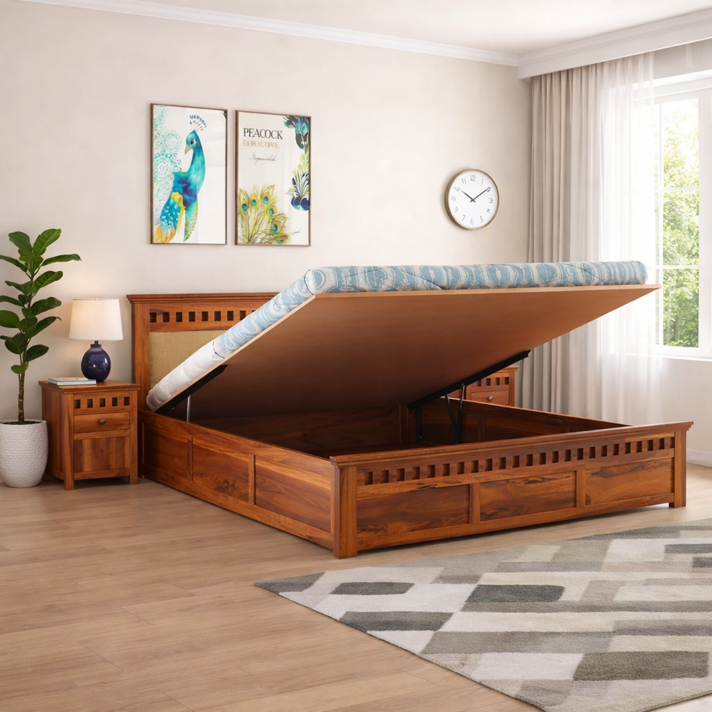 Wood King Size Hydraulic Storage Double Bed Cot Palang - Cream And Honey