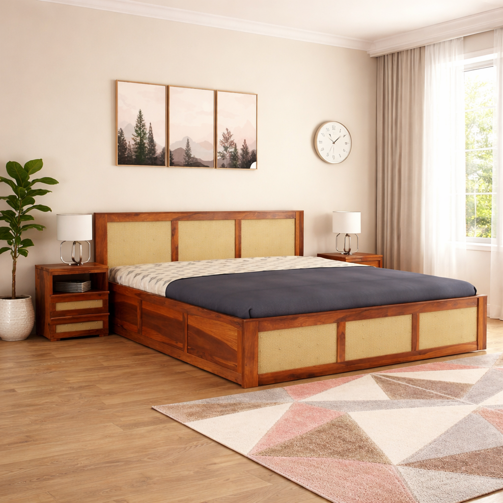 Wood Queen Size Cane Bed With Box Storage - Honey Finish