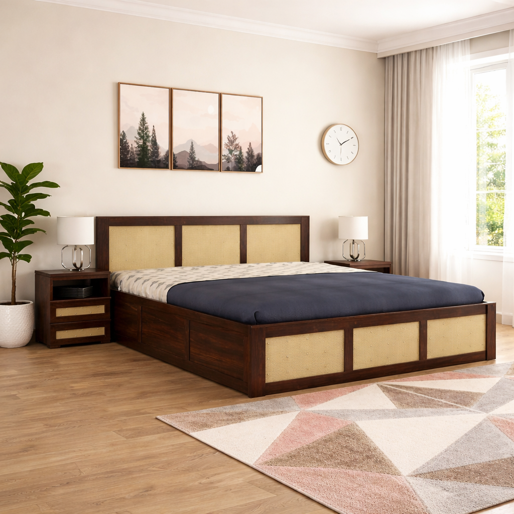 Wood Queen Size Cane Bed With Box Storage - Walnut Finish