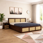 Wood Queen Size Cane Bed With Box Storage - Walnut Finish
