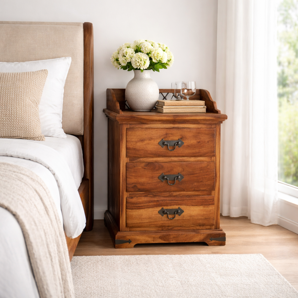 Wood Bedside Table with 3 Drawer | Honey Finish