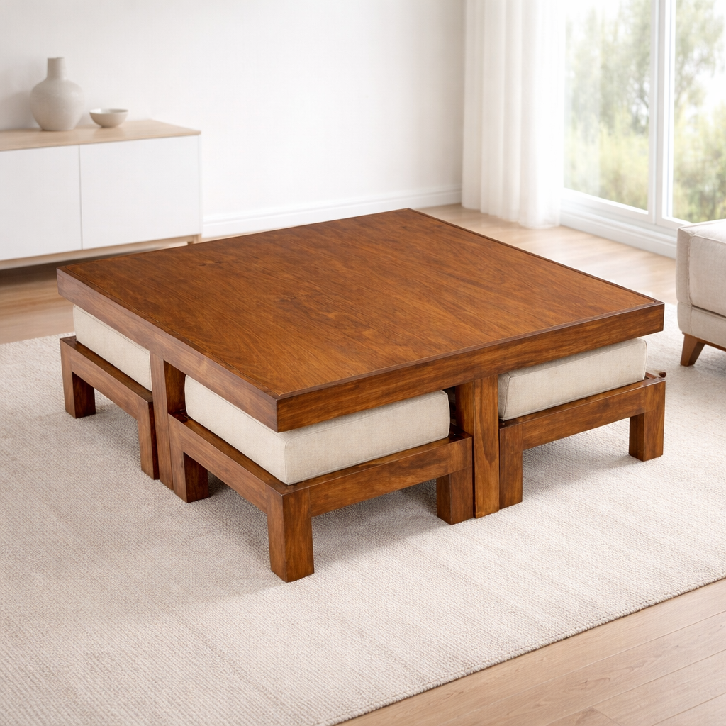 Wood Coffee Table With 4 Cushion Stool Wooden Centre Table