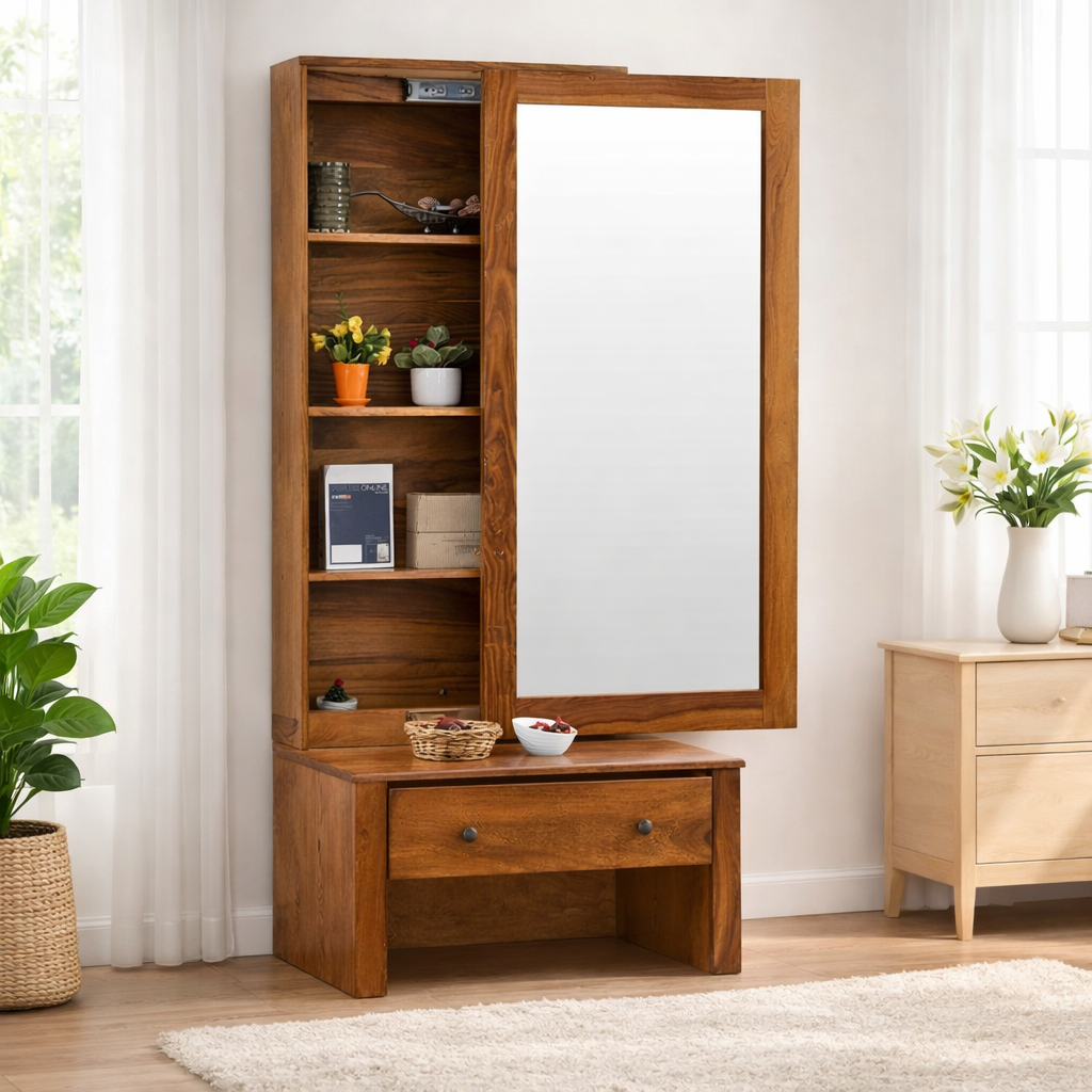 Wood Dressing Table with Mirror Wooden Makeup Vanity Table with 1 Drawer and Shelf Storage Furniture for Bedroom Living Room Home